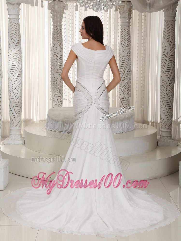 Cap Sleeves Jewelries and Ruching Brush Train Mermaid Wedding Dress