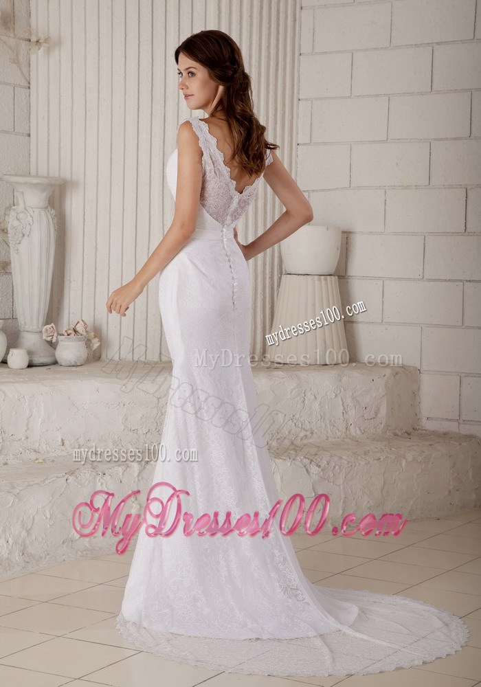 V-Neck Sheath Clasp Handle Bridal Gown with Sweep Train and Sash