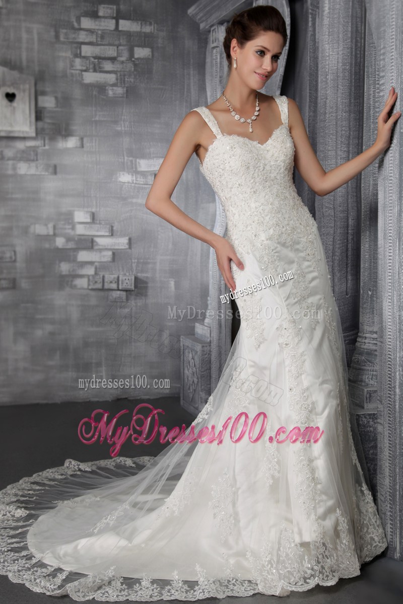 Straps Lace Hem Beaded White Wedding Gown Zipper-up Court Train