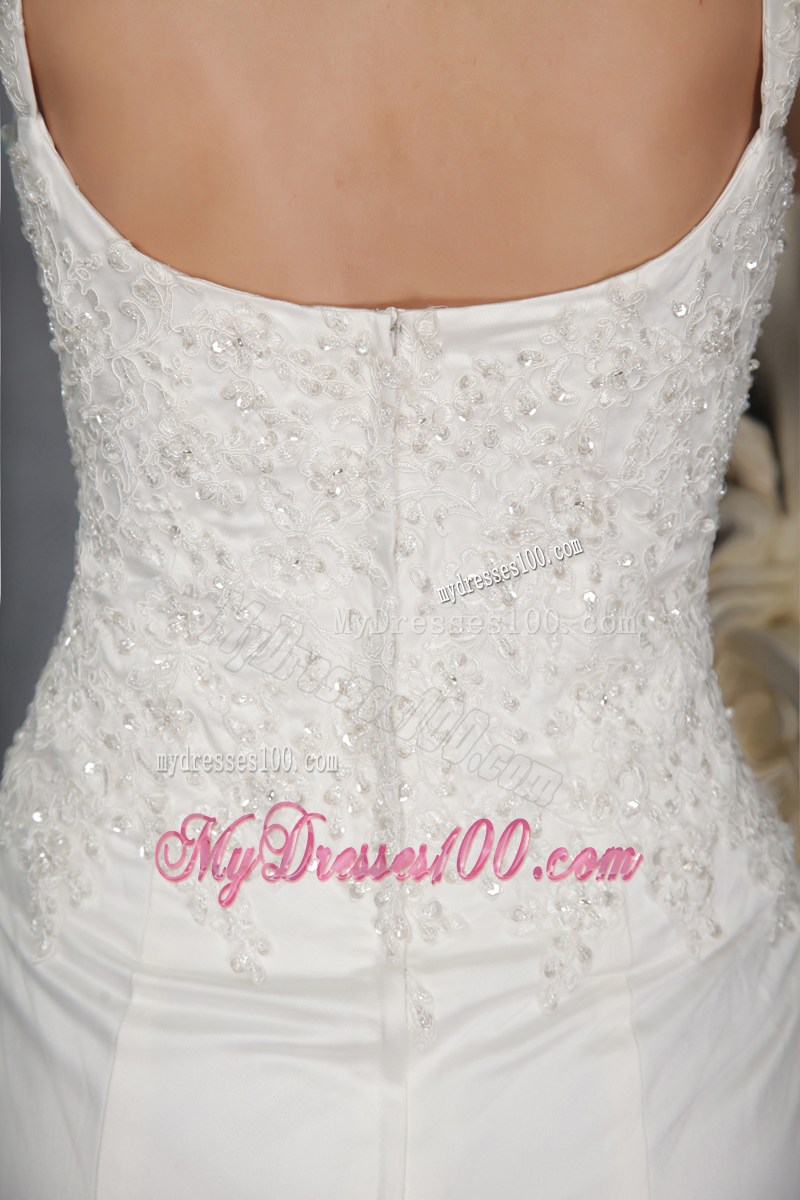 Straps Lace Hem Beaded White Wedding Gown Zipper-up Court Train