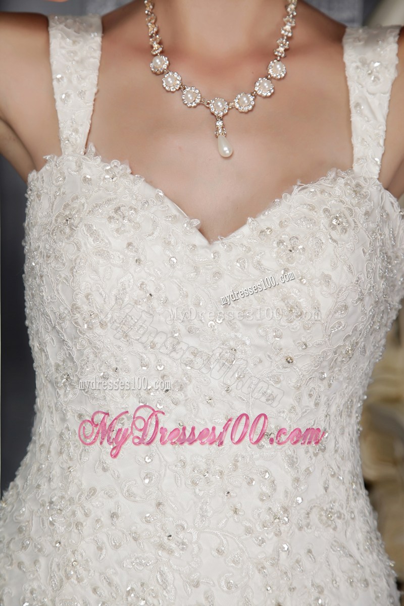 Straps Lace Hem Beaded White Wedding Gown Zipper-up Court Train