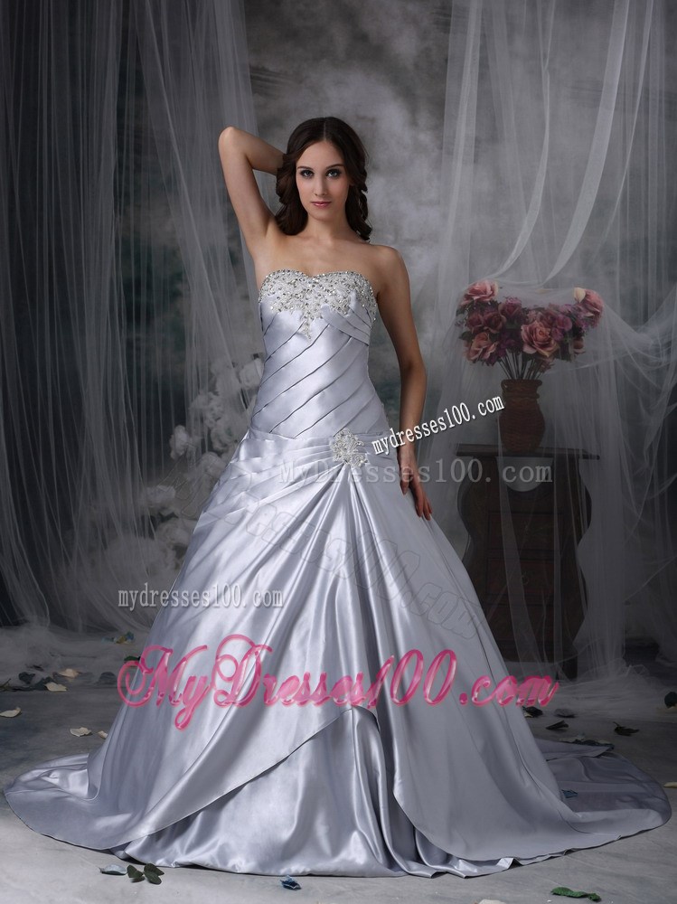 New Style Court Train Beaded Ruche Strapless Silver Wedding Dress