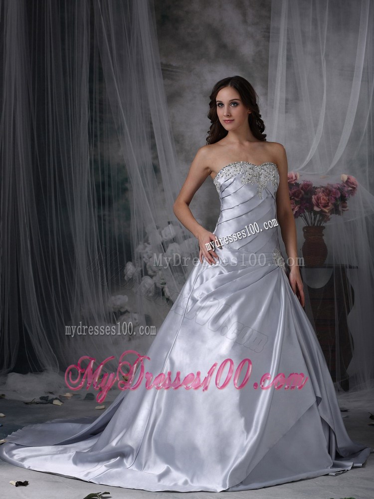 New Style Court Train Beaded Ruche Strapless Silver Wedding Dress