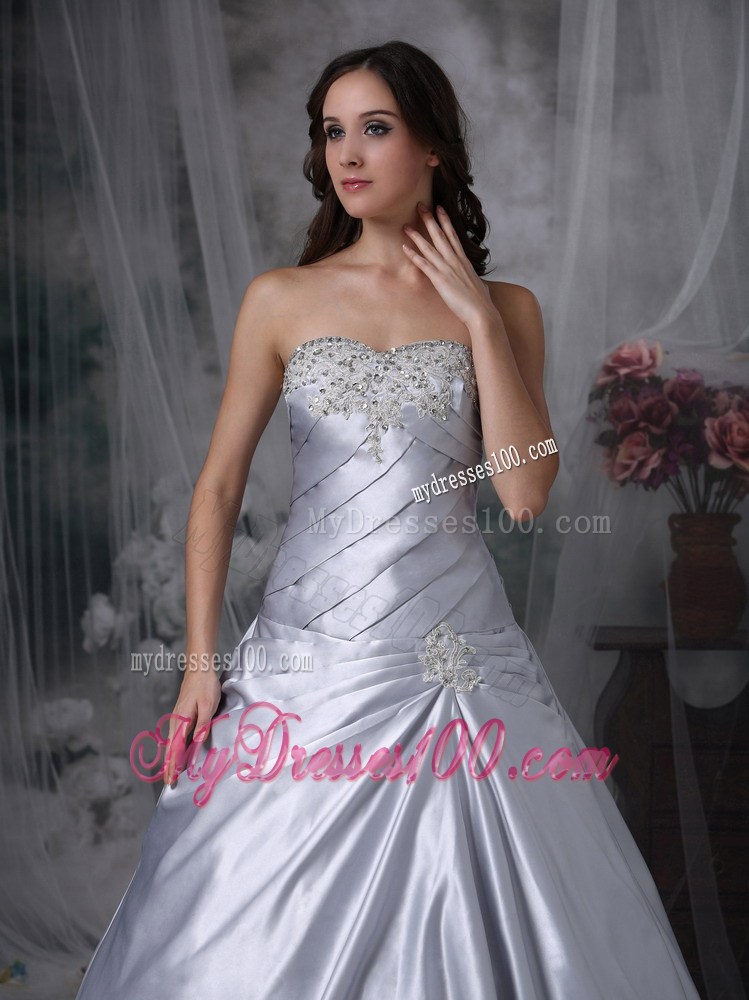 New Style Court Train Beaded Ruche Strapless Silver Wedding Dress