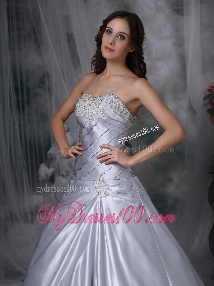 New Style Court Train Beaded Ruche Strapless Silver Wedding Dress