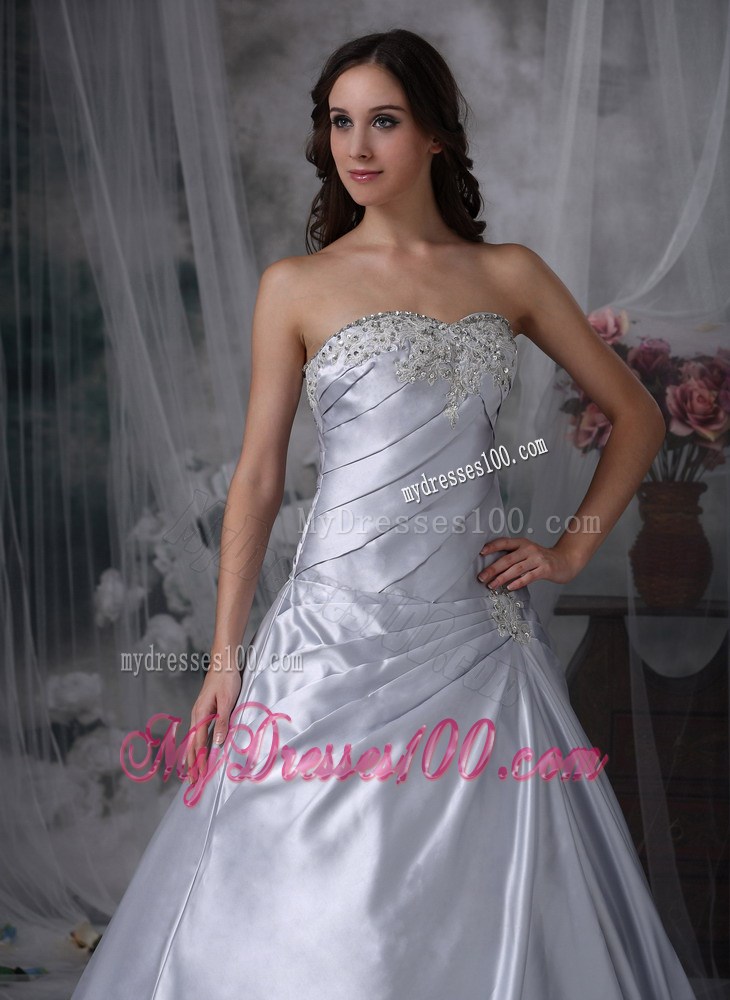 New Style Court Train Beaded Ruche Strapless Silver Wedding Dress