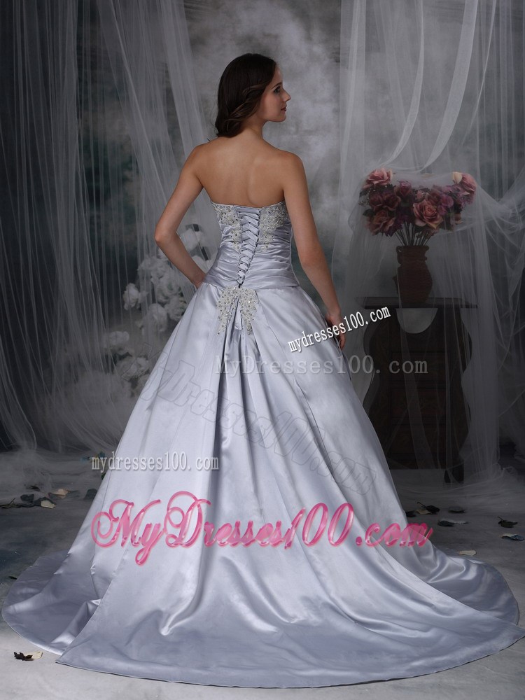 New Style Court Train Beaded Ruche Strapless Silver Wedding Dress