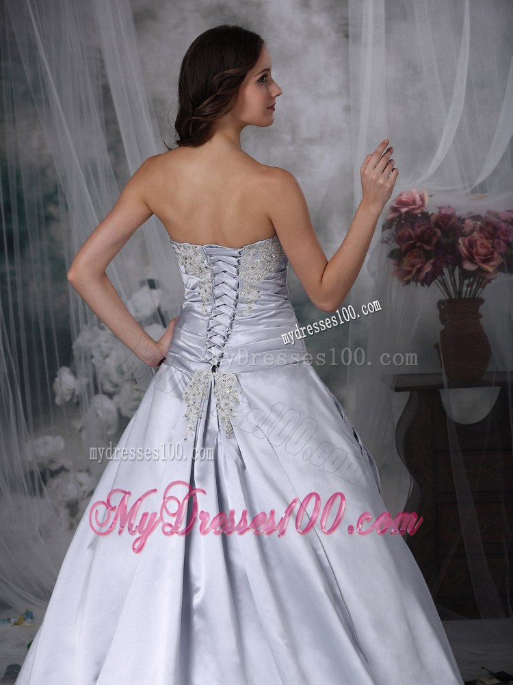 New Style Court Train Beaded Ruche Strapless Silver Wedding Dress