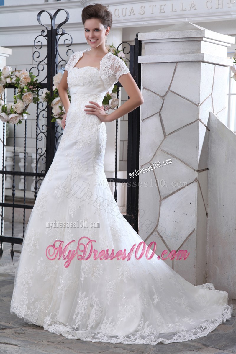 White Mermaid Court Train Lace Wedding Dresses with Clasp Handle