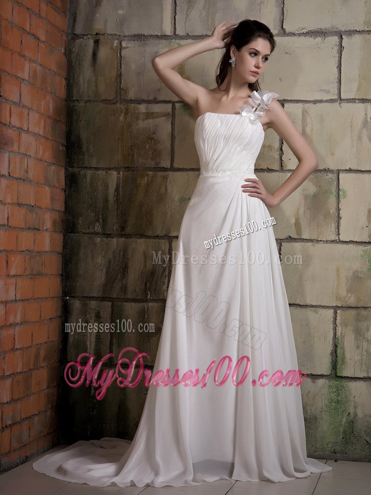 One Shoulder Ruche Empire White Wedding Dress Court Train