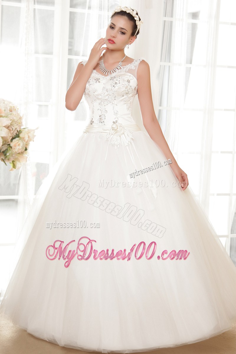 Pretty Straps Appliques Floor Length Lace-up Back White Wedding Gown
