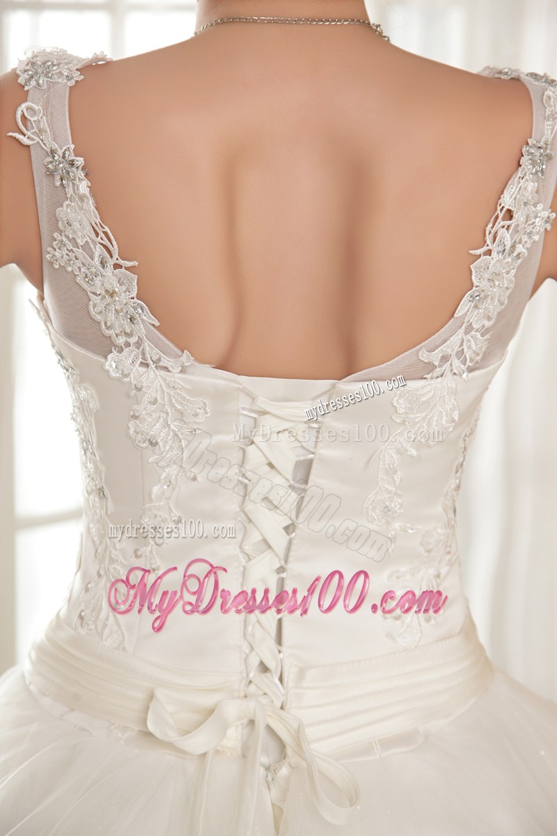 Pretty Straps Appliques Floor Length Lace-up Back White Wedding Gown