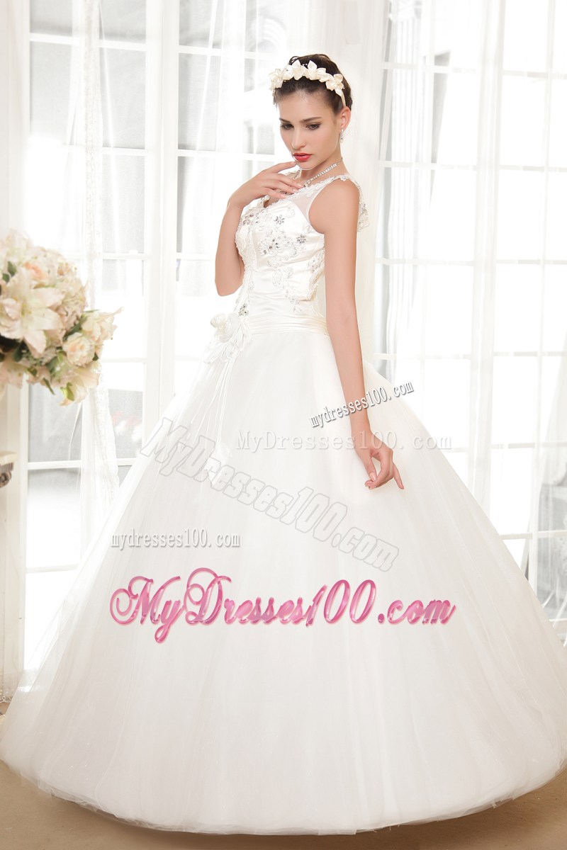 Pretty Straps Appliques Floor Length Lace-up Back White Wedding Gown