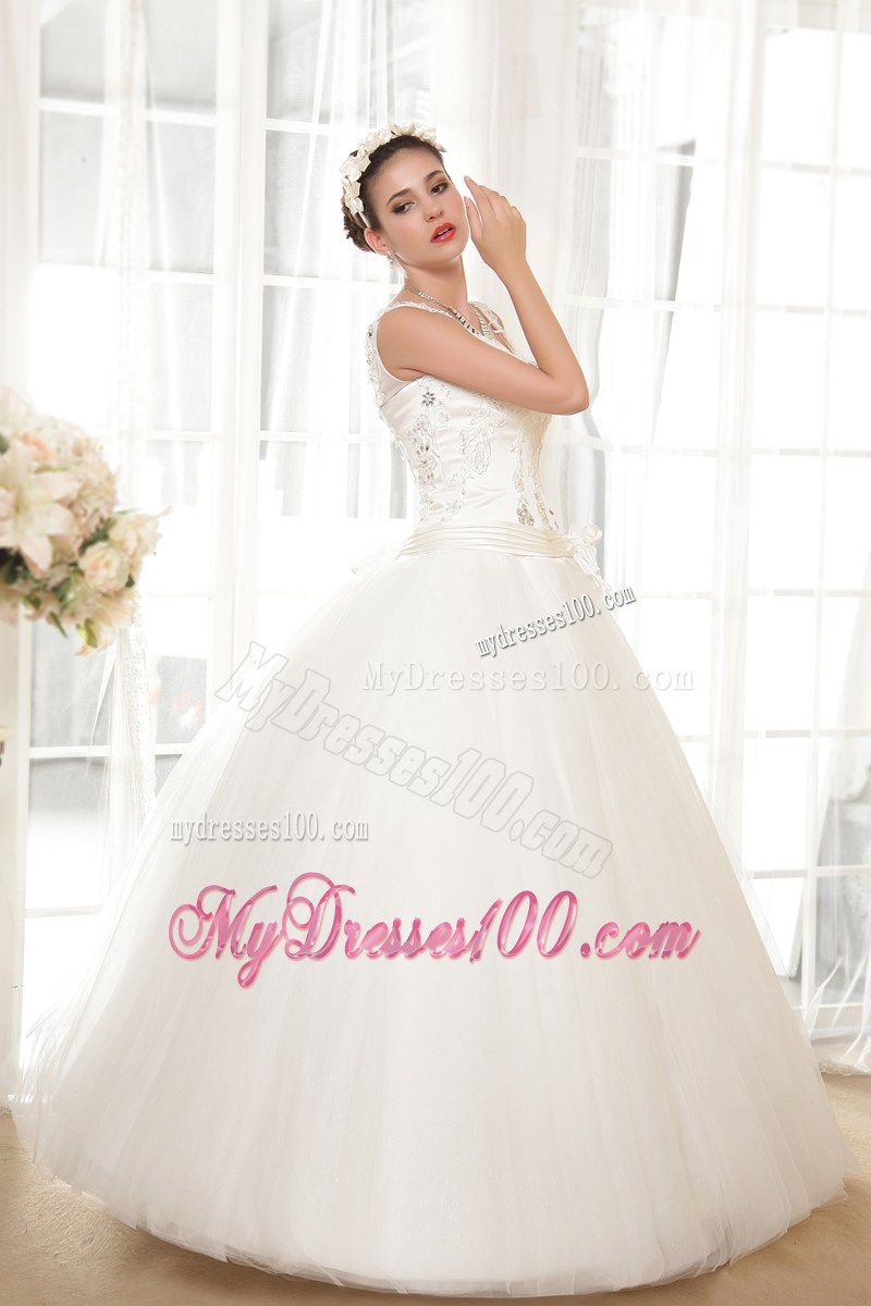 Pretty Straps Appliques Floor Length Lace-up Back White Wedding Gown
