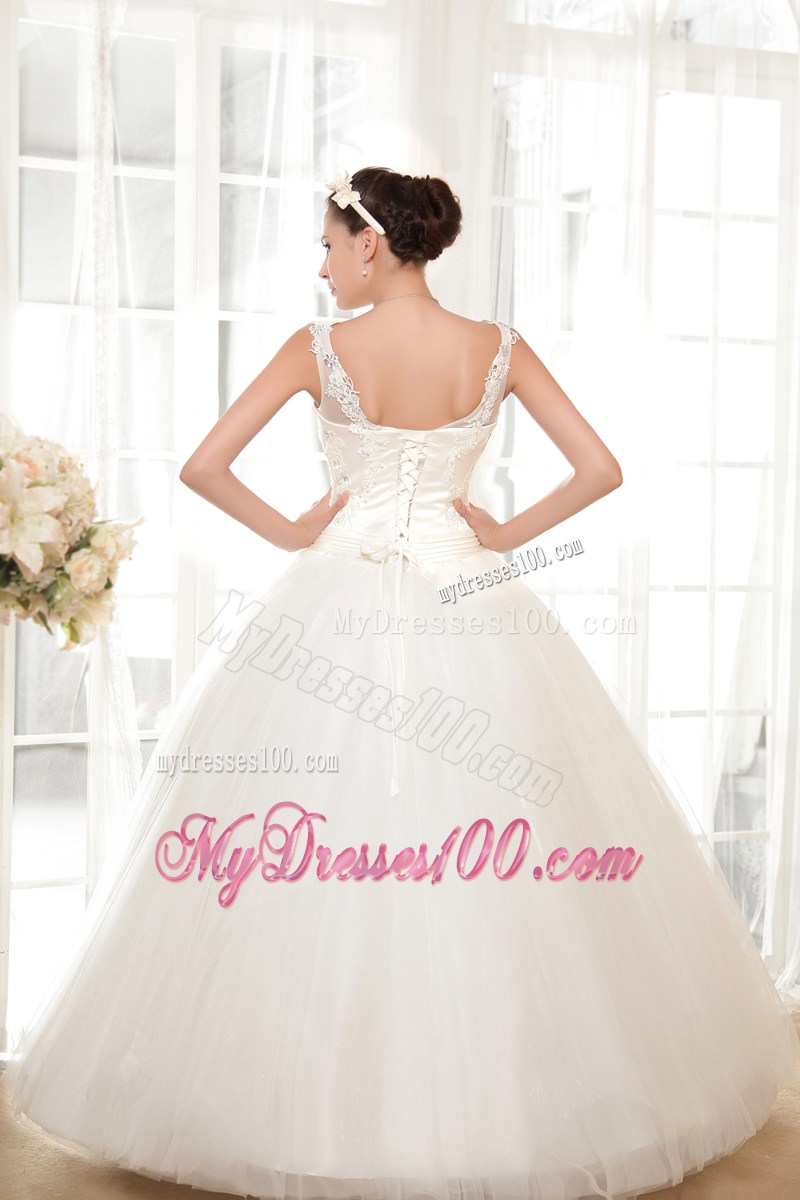 Pretty Straps Appliques Floor Length Lace-up Back White Wedding Gown