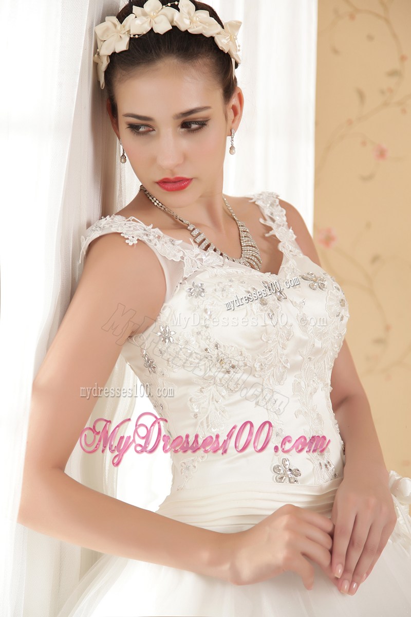 Pretty Straps Appliques Floor Length Lace-up Back White Wedding Gown