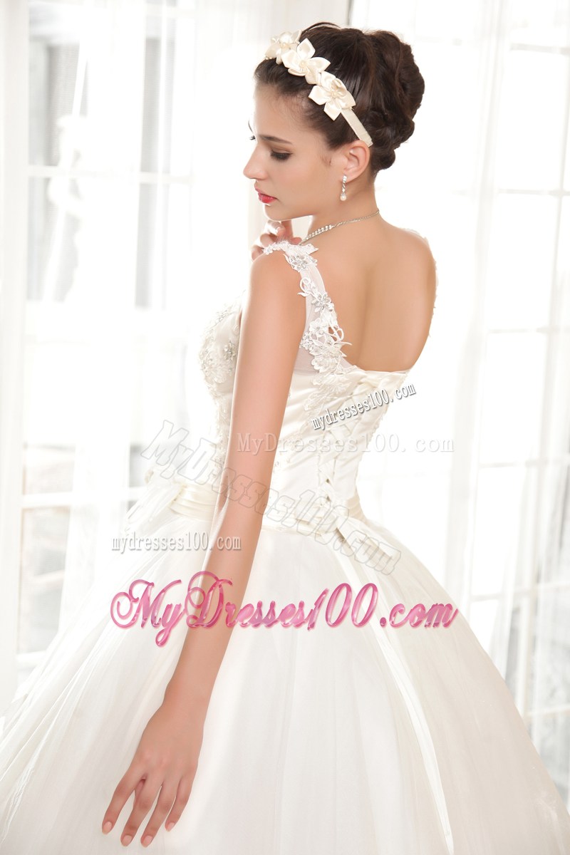 Pretty Straps Appliques Floor Length Lace-up Back White Wedding Gown