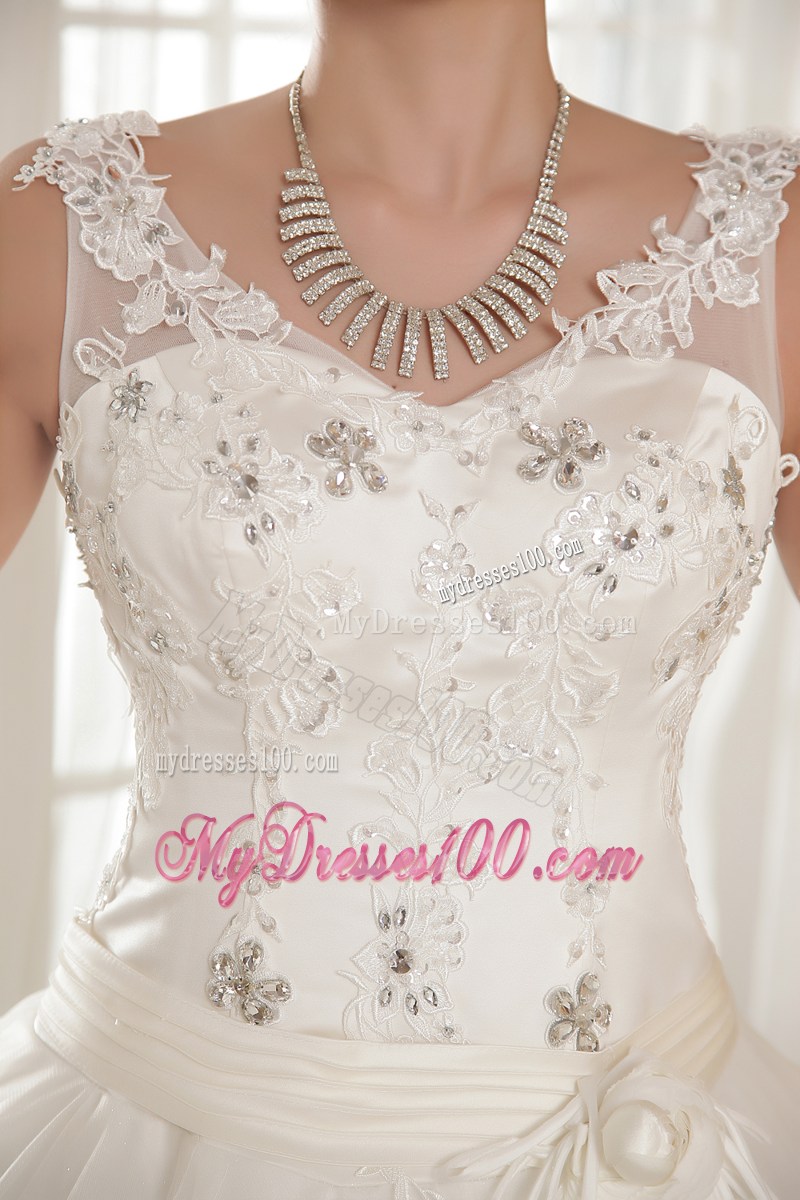 Pretty Straps Appliques Floor Length Lace-up Back White Wedding Gown