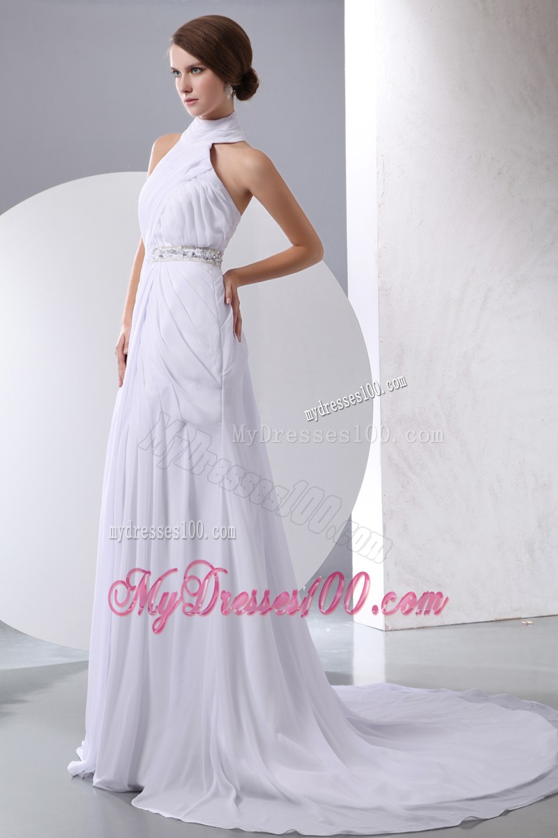 Halter Column Chapel Train Chiffon Wedding Dress with Beading and Ruches