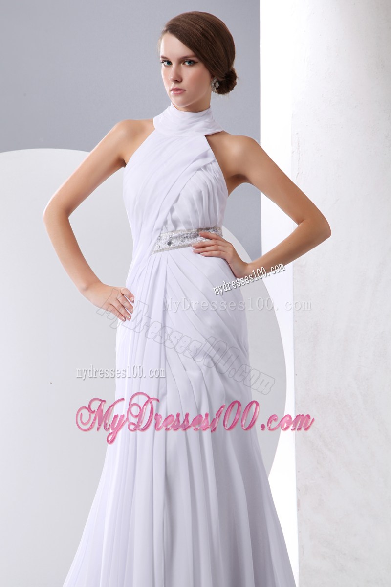 Halter Column Chapel Train Chiffon Wedding Dress with Beading and Ruches