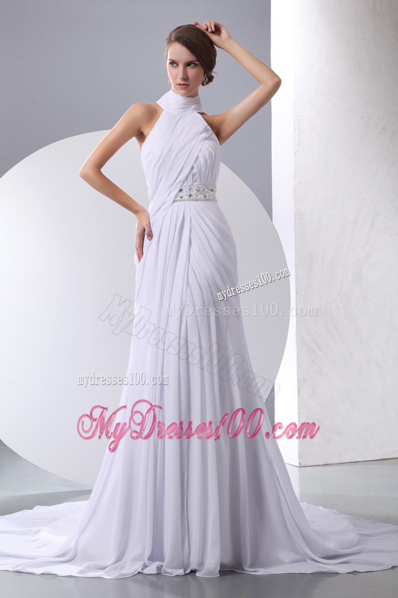 Halter Column Chapel Train Chiffon Wedding Dress with Beading and Ruches
