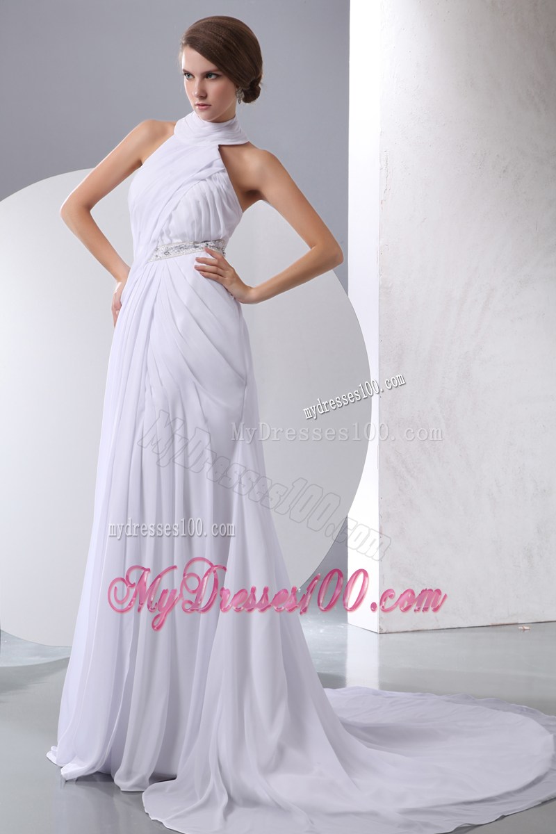 Halter Column Chapel Train Chiffon Wedding Dress with Beading and Ruches