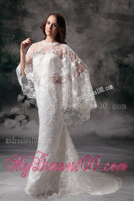 Lace Column Sweetheart Brush Train Wedding Gown with Sheer Cloak