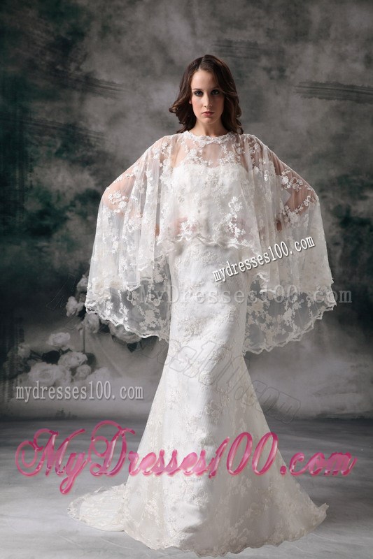 Lace Column Sweetheart Brush Train Wedding Gown with Sheer Cloak