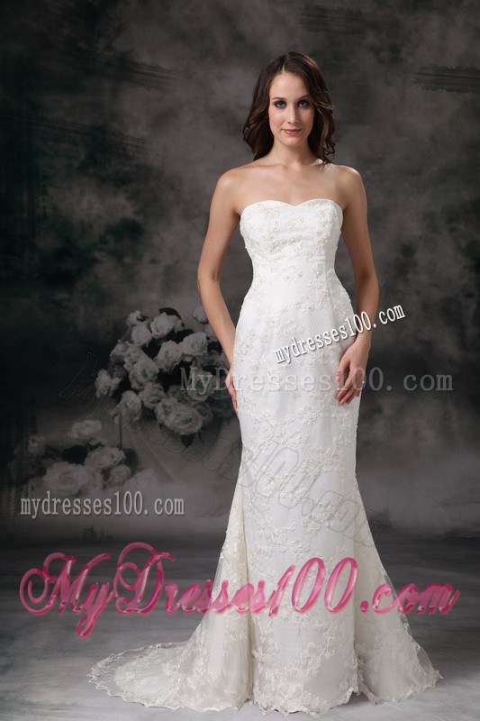 Lace Column Sweetheart Brush Train Wedding Gown with Sheer Cloak