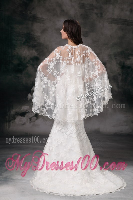 Lace Column Sweetheart Brush Train Wedding Gown with Sheer Cloak