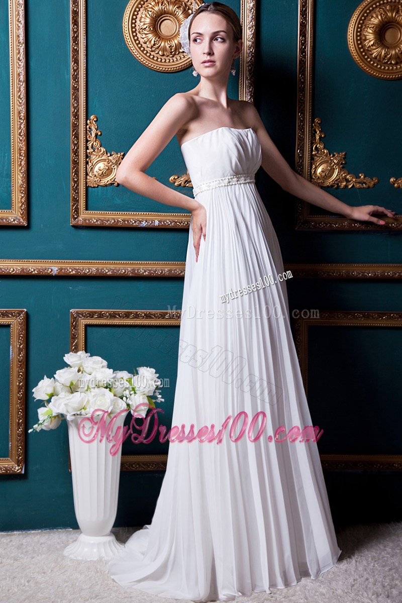 Pleating Floor-length White Chiffon Bridal Gown with Beaded Sash