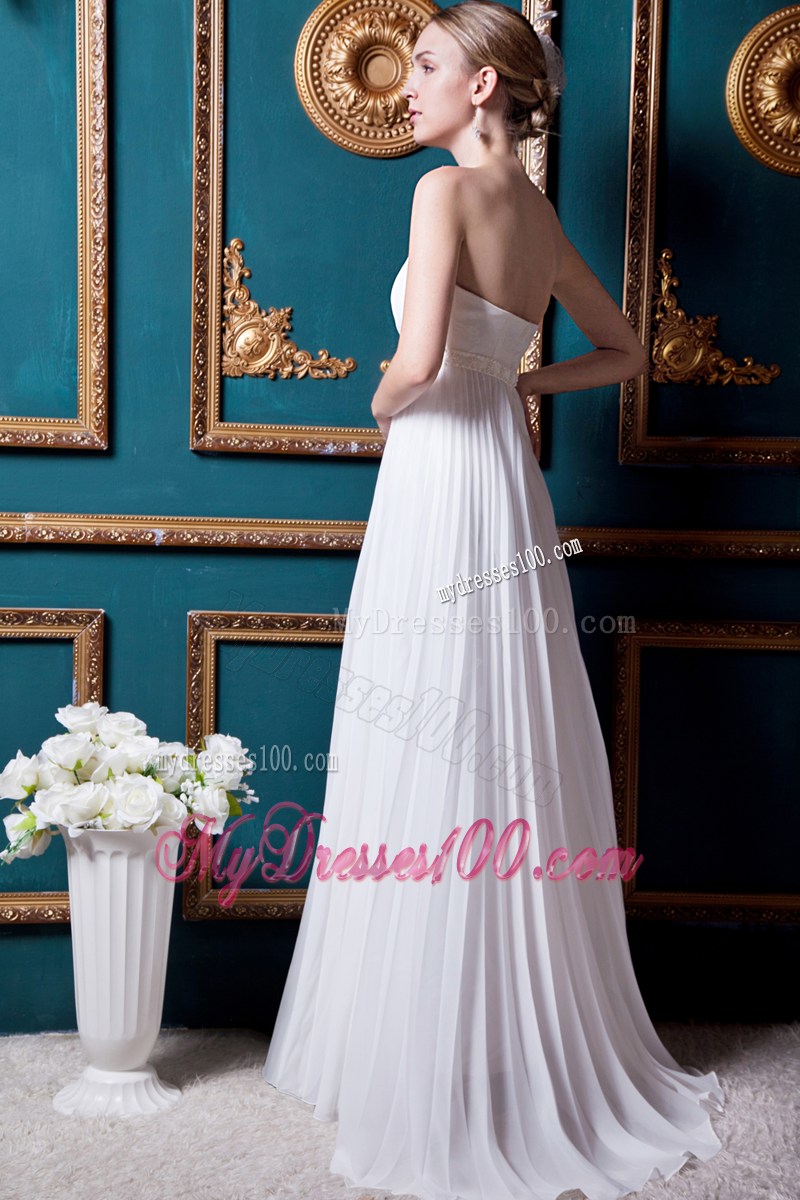 Pleating Floor-length White Chiffon Bridal Gown with Beaded Sash