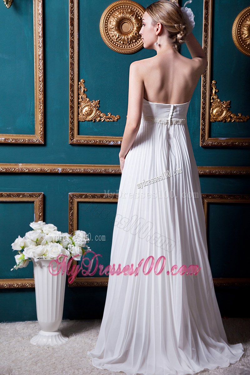 Pleating Floor-length White Chiffon Bridal Gown with Beaded Sash