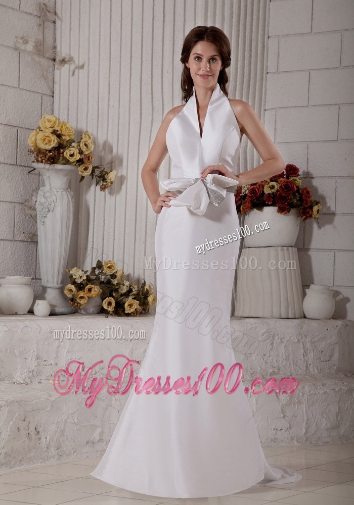 Button Down Back Halter Top Trumpet Wedding Gown with Big Bowknot