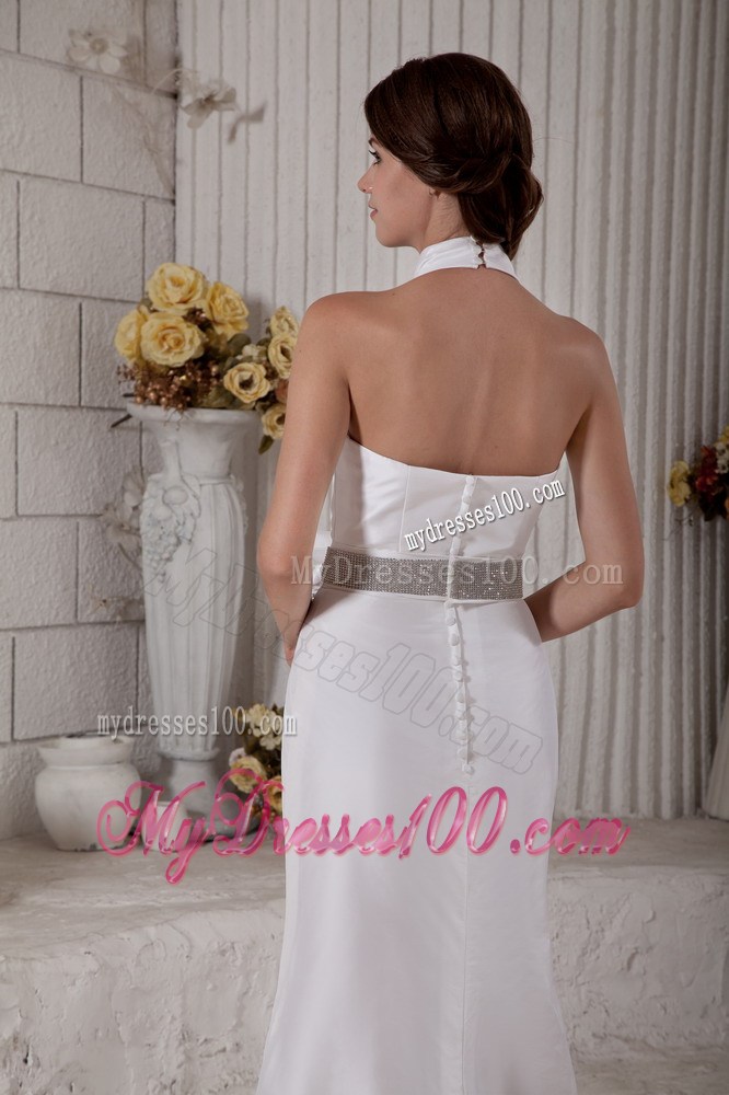 Button Down Back Halter Top Trumpet Wedding Gown with Big Bowknot