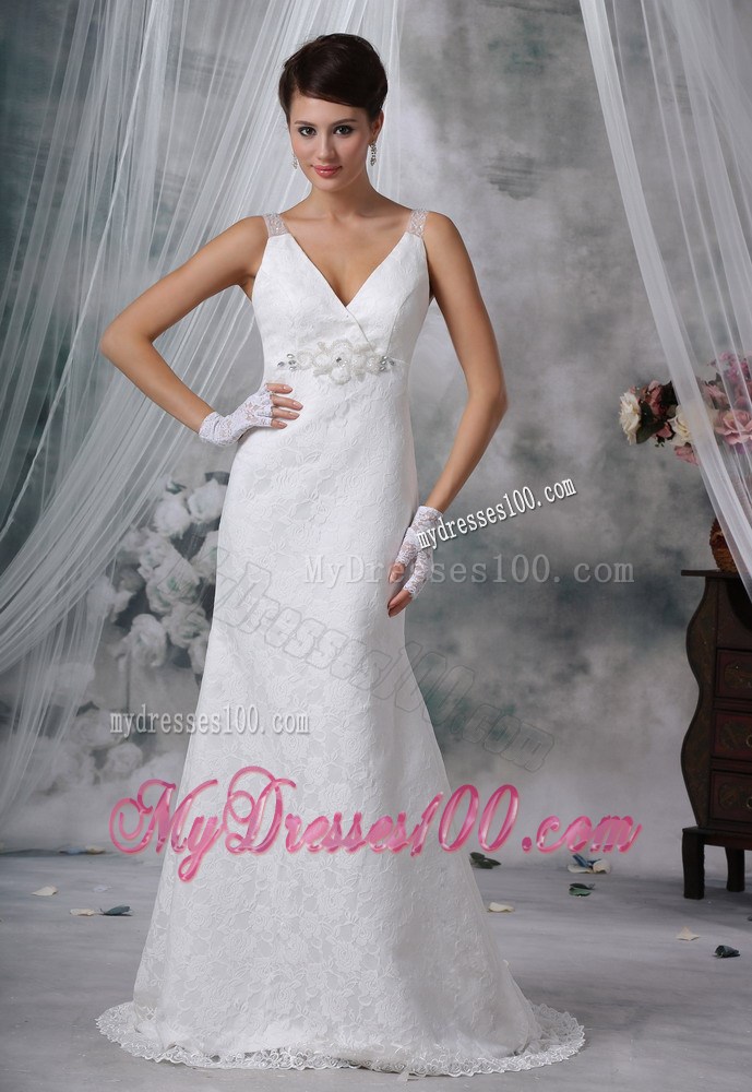 V-neck Beading and Lace Flowers Sweep Train Back Out Wedding Gowns