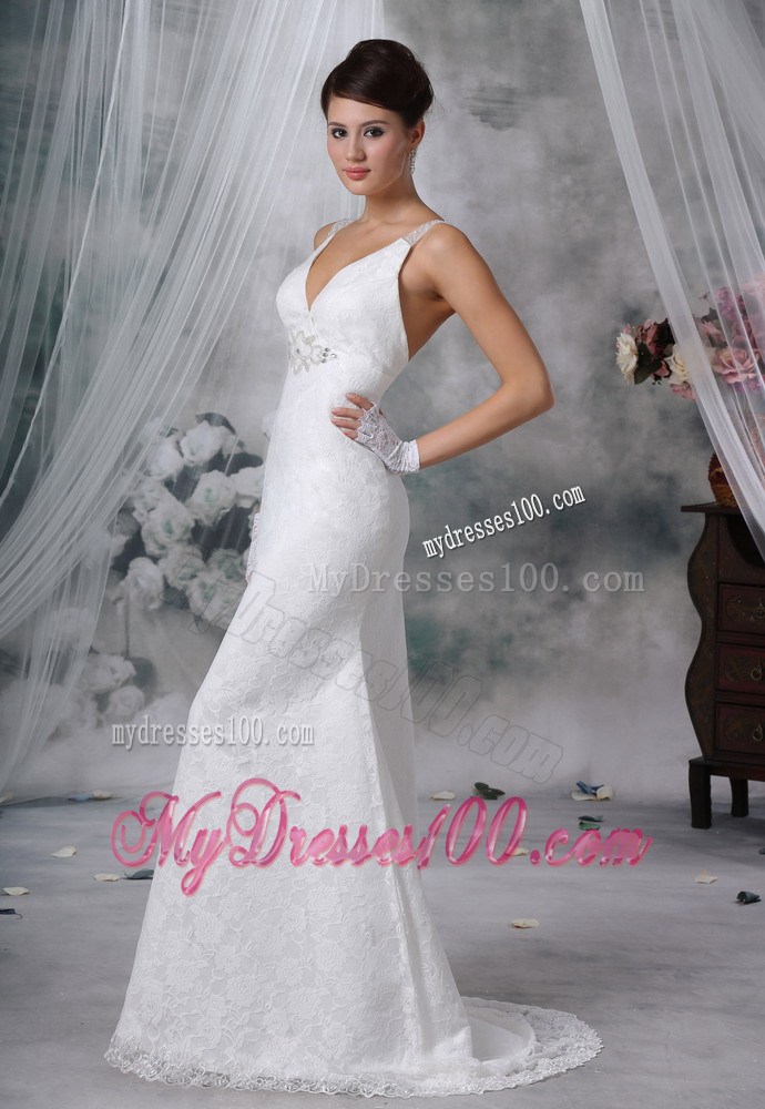 V-neck Beading and Lace Flowers Sweep Train Back Out Wedding Gowns