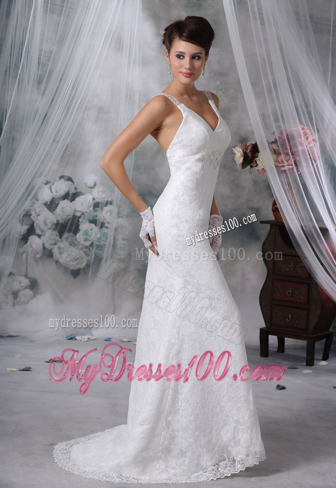 V-neck Beading and Lace Flowers Sweep Train Back Out Wedding Gowns
