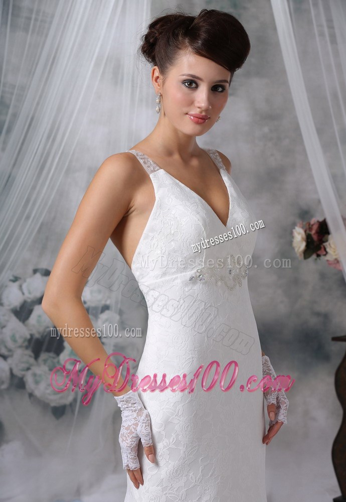 V-neck Beading and Lace Flowers Sweep Train Back Out Wedding Gowns