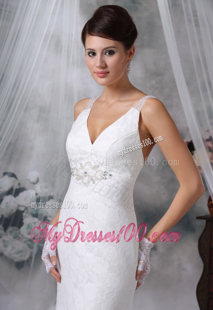 V-neck Beading and Lace Flowers Sweep Train Back Out Wedding Gowns