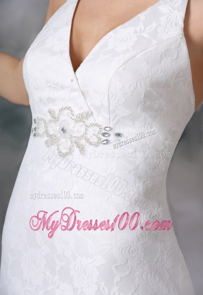 V-neck Beading and Lace Flowers Sweep Train Back Out Wedding Gowns