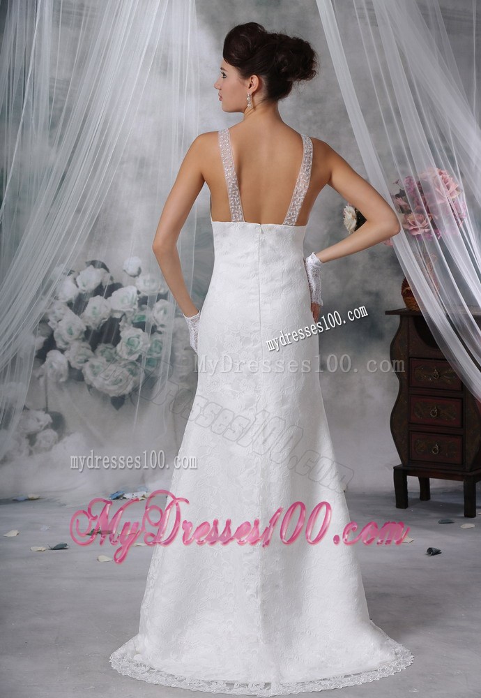 V-neck Beading and Lace Flowers Sweep Train Back Out Wedding Gowns