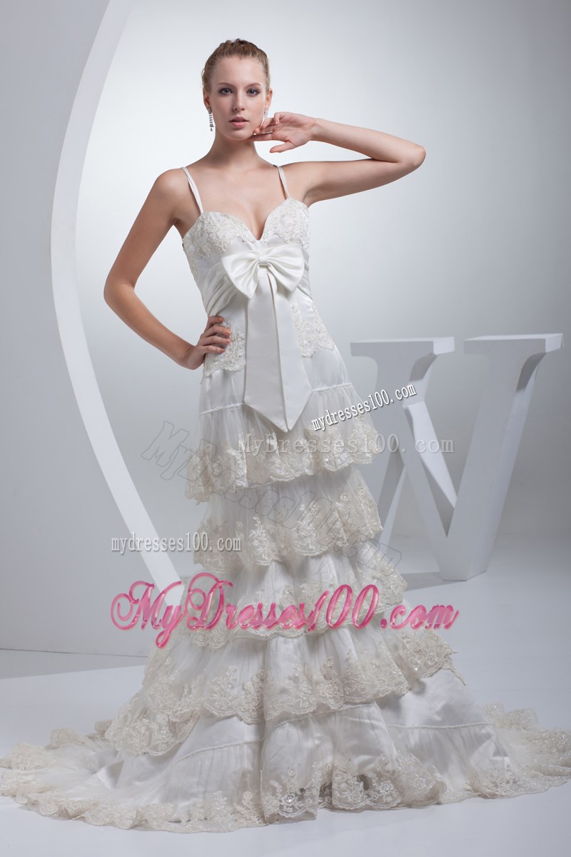 Spaghetti Straps Lace Hem White Wedding Dress with Cool Back