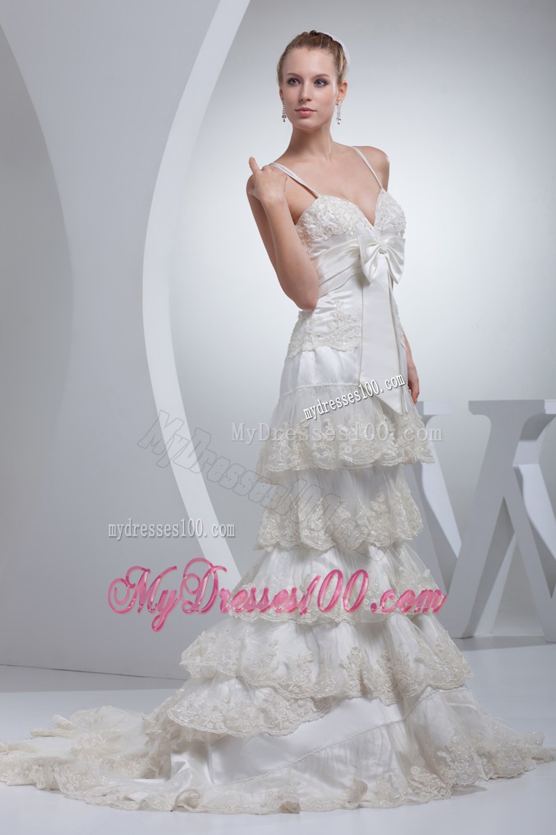 Spaghetti Straps Lace Hem White Wedding Dress with Cool Back