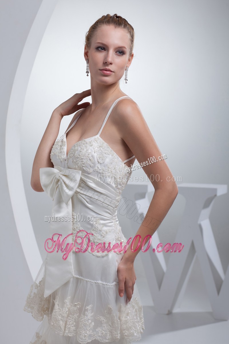 Spaghetti Straps Lace Hem White Wedding Dress with Cool Back