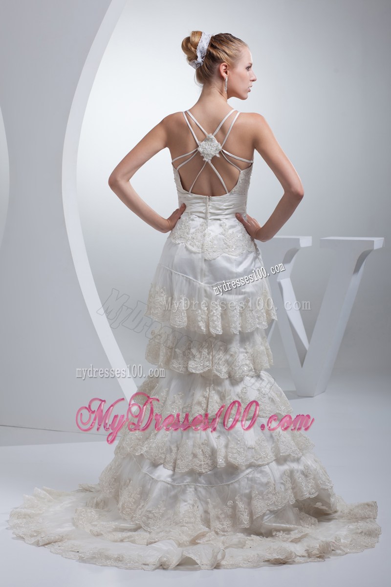 Spaghetti Straps Lace Hem White Wedding Dress with Cool Back