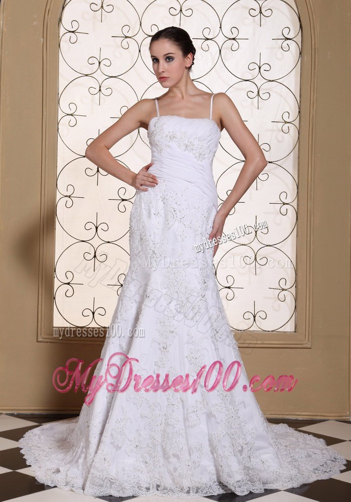 Spaghetti Straps Beaded Lace Mermaid Court Train Wedding Dresses
