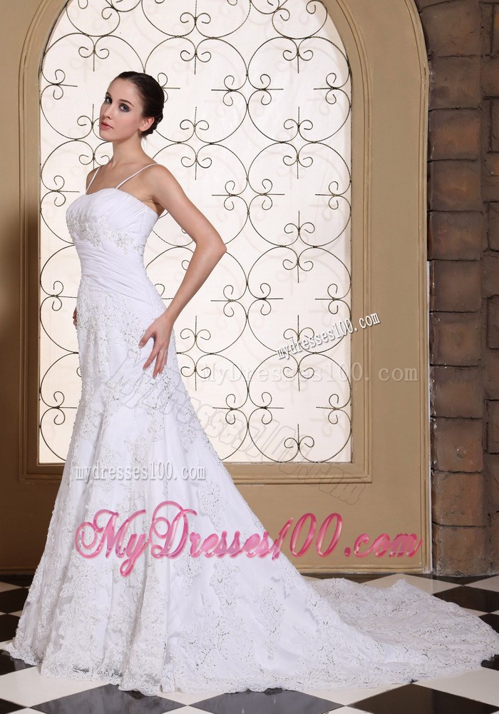 Spaghetti Straps Beaded Lace Mermaid Court Train Wedding Dresses