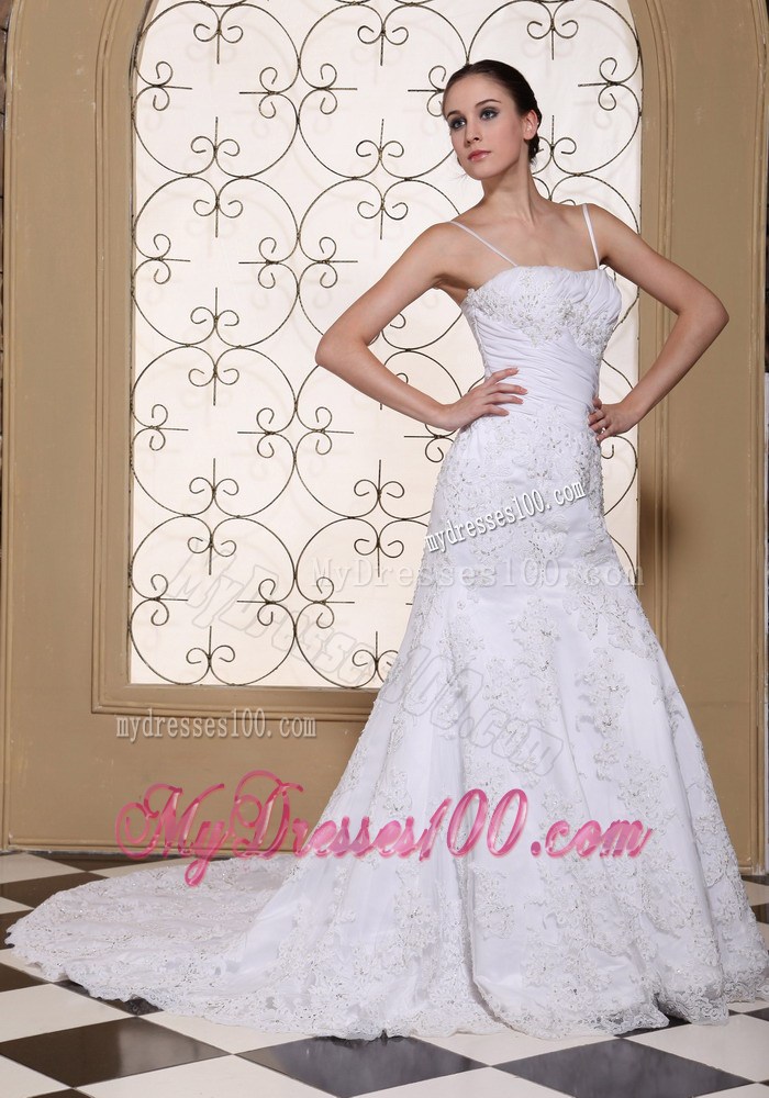Spaghetti Straps Beaded Lace Mermaid Court Train Wedding Dresses