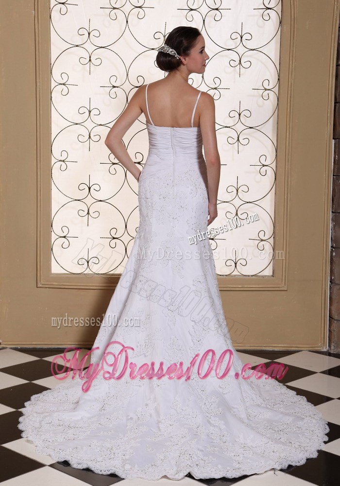 Spaghetti Straps Beaded Lace Mermaid Court Train Wedding Dresses